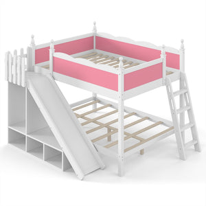 English Elm Full Over Bunk Bed Pine Wood Frame with Slide Built in Shelves Low Profile Kids Design Pink and White W5305S00082
