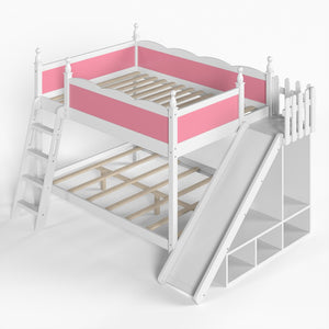 English Elm Full Over Bunk Bed Pine Wood Frame with Slide Built in Shelves Low Profile Kids Design Pink and White W5305S00082