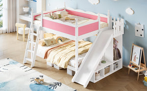 English Elm Full Over Bunk Bed Pine Wood Frame with Slide Built in Shelves Low Profile Kids Design Pink and White W5305S00082
