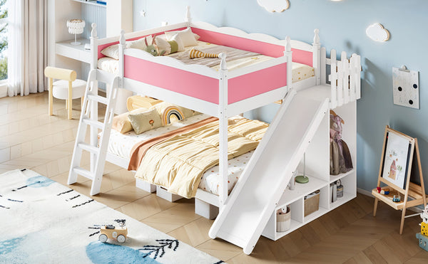 English Elm Full Over Bunk Bed Pine Wood Frame with Slide Built in Shelves Low Profile Kids Design Pink and White W5305S00082