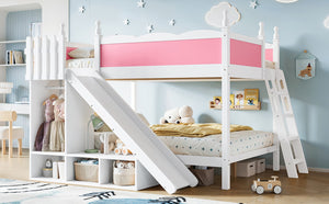 English Elm Full Over Bunk Bed Pine Wood Frame with Slide Built in Shelves Low Profile Kids Design Pink and White W5305S00082