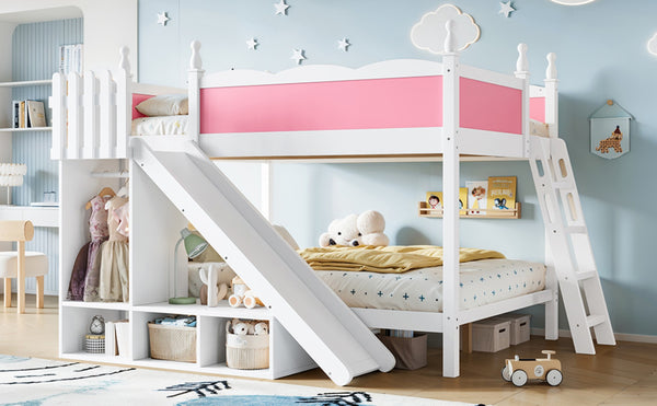 English Elm Full Over Bunk Bed Pine Wood Frame with Slide Built in Shelves Low Profile Kids Design Pink and White W5305S00082
