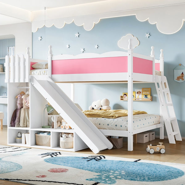English Elm Full Over Bunk Bed Pine Wood Frame with Slide Built in Shelves Low Profile Kids Design Pink and White W5305S00082