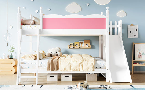 English Elm Full Over Bunk Bed Pine Wood Frame with Slide Built in Shelves Low Profile Kids Design Pink and White W5305S00082
