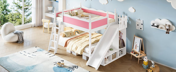 English Elm Full Over Bunk Bed Pine Wood Frame with Slide Built in Shelves Low Profile Kids Design Pink and White W5305S00082