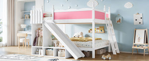 English Elm Full Over Bunk Bed Pine Wood Frame with Slide Built in Shelves Low Profile Kids Design Pink and White W5305S00082