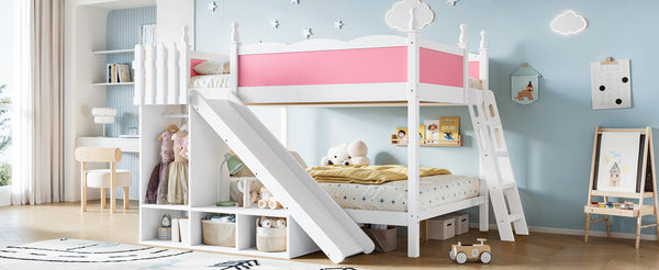 English Elm Full Over Bunk Bed Pine Wood Frame with Slide Built in Shelves Low Profile Kids Design Pink and White W5305S00082