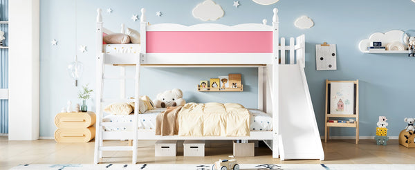 English Elm Full Over Bunk Bed Pine Wood Frame with Slide Built in Shelves Low Profile Kids Design Pink and White W5305S00082