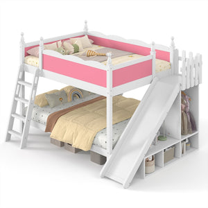 English Elm Full Over Bunk Bed Pine Wood Frame with Slide Built in Shelves Low Profile Kids Design Pink and White W5305S00082