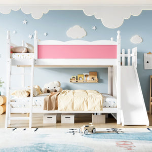 English Elm Full Over Bunk Bed Pine Wood Frame with Slide Built in Shelves Low Profile Kids Design Pink and White W5305S00082