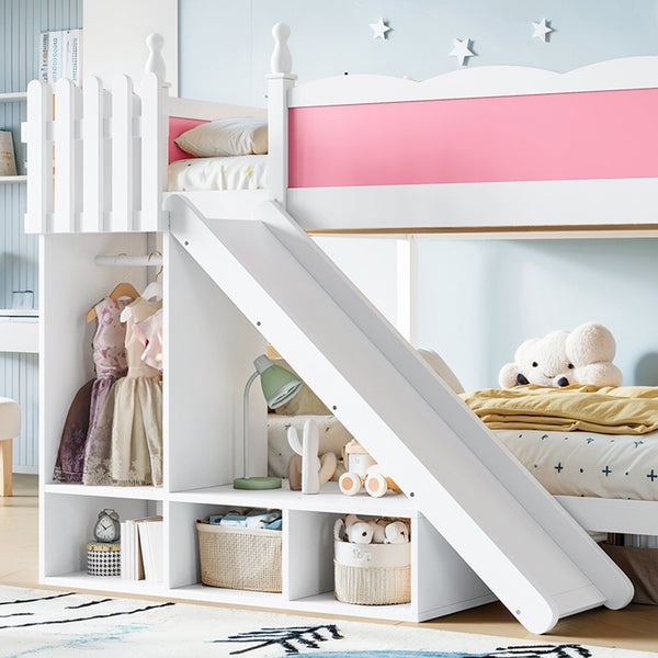 English Elm Full Over Bunk Bed Pine Wood Frame with Slide Built in Shelves Low Profile Kids Design Pink and White W5305S00082
