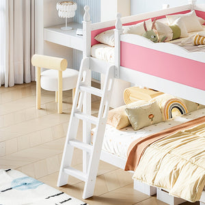 English Elm Full Over Bunk Bed Pine Wood Frame with Slide Built in Shelves Low Profile Kids Design Pink and White W5305S00082
