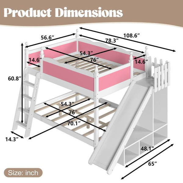English Elm Full Over Bunk Bed Pine Wood Frame with Slide Built in Shelves Low Profile Kids Design Pink and White W5305S00082