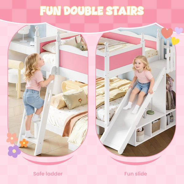 English Elm Full Over Bunk Bed Pine Wood Frame with Slide Built in Shelves Low Profile Kids Design Pink and White W5305S00082