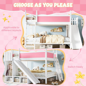 English Elm Full Over Bunk Bed Pine Wood Frame with Slide Built in Shelves Low Profile Kids Design Pink and White W5305S00082