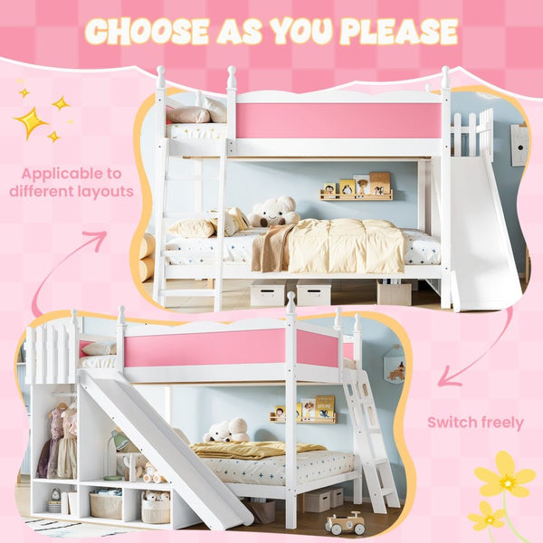 English Elm Full Over Bunk Bed Pine Wood Frame with Slide Built in Shelves Low Profile Kids Design Pink and White W5305S00082