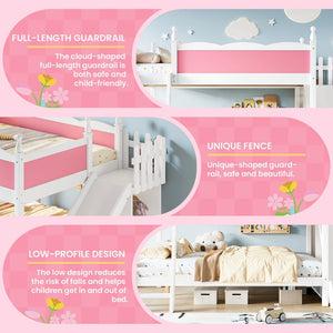 English Elm Full Over Bunk Bed Pine Wood Frame with Slide Built in Shelves Low Profile Kids Design Pink and White W5305S00082