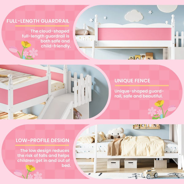 English Elm Full Over Bunk Bed Pine Wood Frame with Slide Built in Shelves Low Profile Kids Design Pink and White W5305S00082