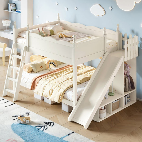 English Elm Full Over Bunk Bed Pine Wood Frame with Slide Built in Shelves Low Profile Kids Design Beige W5305S00083
