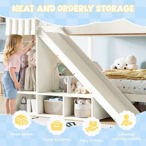 English Elm Full Over Bunk Bed Pine Wood Frame with Slide Built in Shelves Low Profile Kids Design Beige W5305S00083