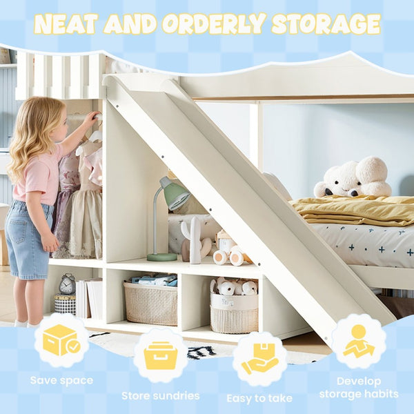 English Elm Full Over Bunk Bed Pine Wood Frame with Slide Built in Shelves Low Profile Kids Design Beige W5305S00083