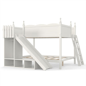 English Elm Full Over Bunk Bed Pine Wood Frame with Slide Built in Shelves Low Profile Kids Design Beige W5305S00083