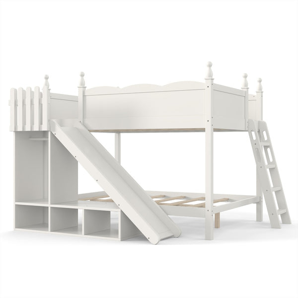 English Elm Full Over Bunk Bed Pine Wood Frame with Slide Built in Shelves Low Profile Kids Design Beige W5305S00083
