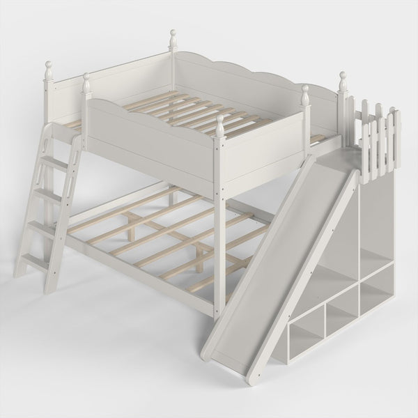 English Elm Full Over Bunk Bed Pine Wood Frame with Slide Built in Shelves Low Profile Kids Design Beige W5305S00083