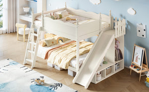 English Elm Full Over Bunk Bed Pine Wood Frame with Slide Built in Shelves Low Profile Kids Design Beige W5305S00083