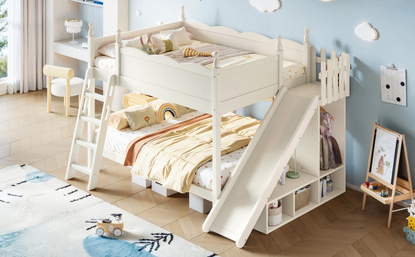 English Elm Full Over Bunk Bed Pine Wood Frame with Slide Built in Shelves Low Profile Kids Design Beige W5305S00083