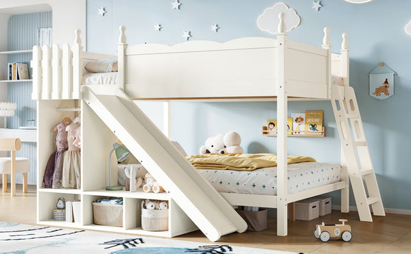 English Elm Full Over Bunk Bed Pine Wood Frame with Slide Built in Shelves Low Profile Kids Design Beige W5305S00083