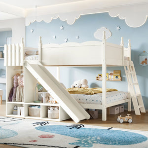 English Elm Full Over Bunk Bed Pine Wood Frame with Slide Built in Shelves Low Profile Kids Design Beige W5305S00083