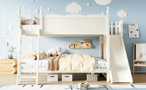 English Elm Full Over Bunk Bed Pine Wood Frame with Slide Built in Shelves Low Profile Kids Design Beige W5305S00083