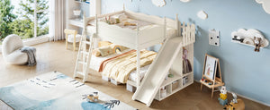 English Elm Full Over Bunk Bed Pine Wood Frame with Slide Built in Shelves Low Profile Kids Design Beige W5305S00083
