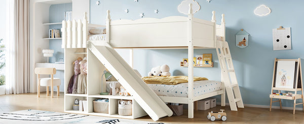 English Elm Full Over Bunk Bed Pine Wood Frame with Slide Built in Shelves Low Profile Kids Design Beige W5305S00083