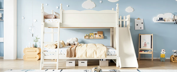 English Elm Full Over Bunk Bed Pine Wood Frame with Slide Built in Shelves Low Profile Kids Design Beige W5305S00083