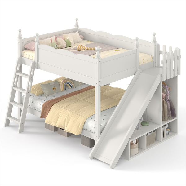 English Elm Full Over Bunk Bed Pine Wood Frame with Slide Built in Shelves Low Profile Kids Design Beige W5305S00083