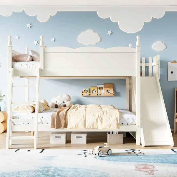 English Elm Full Over Bunk Bed Pine Wood Frame with Slide Built in Shelves Low Profile Kids Design Beige W5305S00083