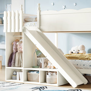 English Elm Full Over Bunk Bed Pine Wood Frame with Slide Built in Shelves Low Profile Kids Design Beige W5305S00083