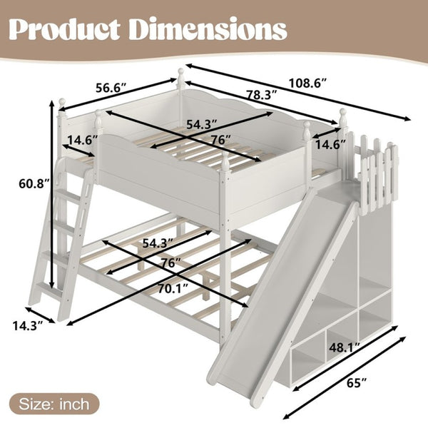 English Elm Full Over Bunk Bed Pine Wood Frame with Slide Built in Shelves Low Profile Kids Design Beige W5305S00083