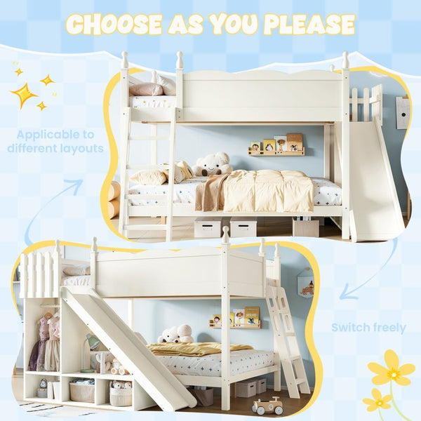 English Elm Full Over Bunk Bed Pine Wood Frame with Slide Built in Shelves Low Profile Kids Design Beige W5305S00083