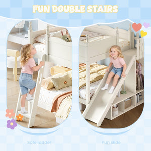 English Elm Full Over Bunk Bed Pine Wood Frame with Slide Built in Shelves Low Profile Kids Design Beige W5305S00083
