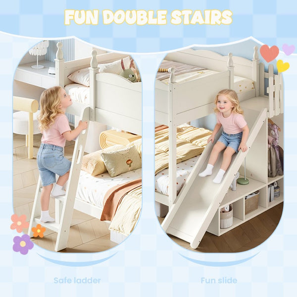 English Elm Full Over Bunk Bed Pine Wood Frame with Slide Built in Shelves Low Profile Kids Design Beige W5305S00083