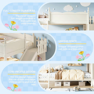English Elm Full Over Bunk Bed Pine Wood Frame with Slide Built in Shelves Low Profile Kids Design Beige W5305S00083