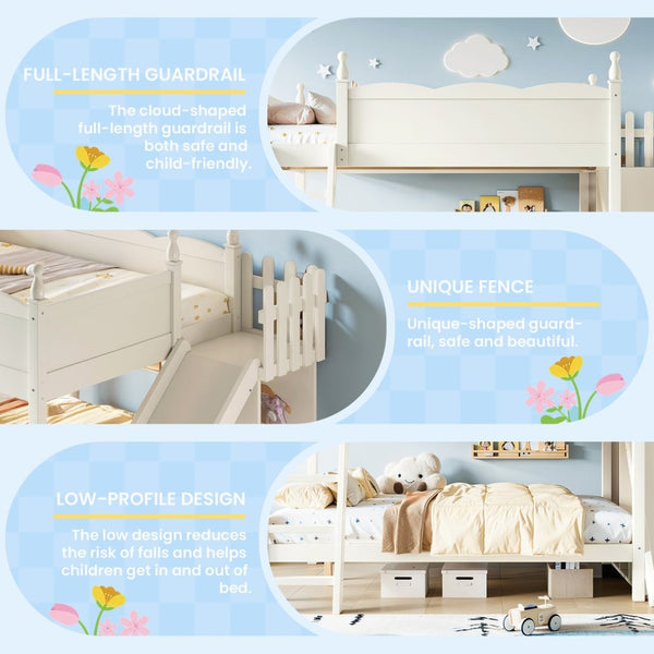 English Elm Full Over Bunk Bed Pine Wood Frame with Slide Built in Shelves Low Profile Kids Design Beige W5305S00083