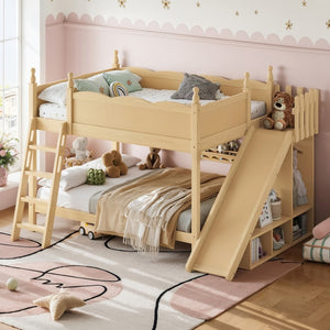 English Elm Full Over Bunk Bed Pine Wood Frame with Slide Built in Shelves Low Profile Kids Design Natural W5305S00084