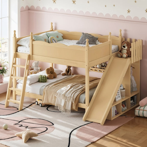 English Elm Full Over Bunk Bed Pine Wood Frame with Slide Built in Shelves Low Profile Kids Design Natural W5305S00084