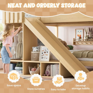 English Elm Full Over Bunk Bed Pine Wood Frame with Slide Built in Shelves Low Profile Kids Design Natural W5305S00084