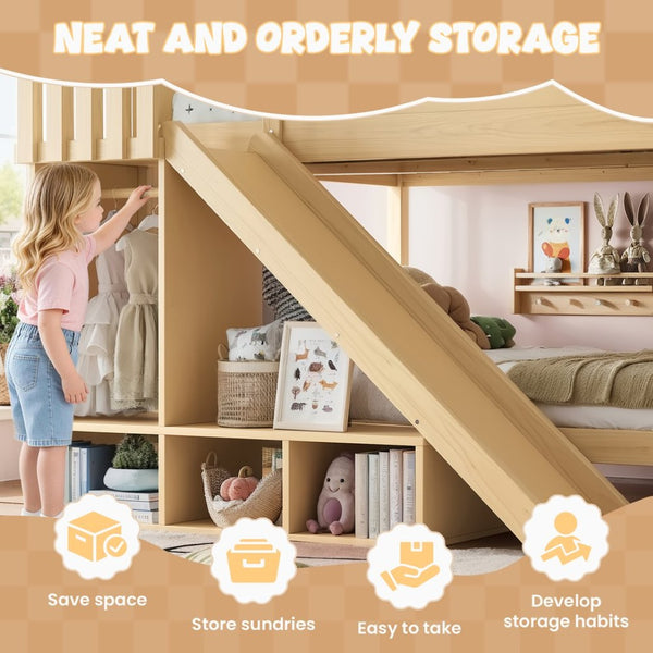 English Elm Full Over Bunk Bed Pine Wood Frame with Slide Built in Shelves Low Profile Kids Design Natural W5305S00084