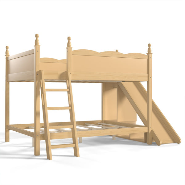 English Elm Full Over Bunk Bed Pine Wood Frame with Slide Built in Shelves Low Profile Kids Design Natural W5305S00084